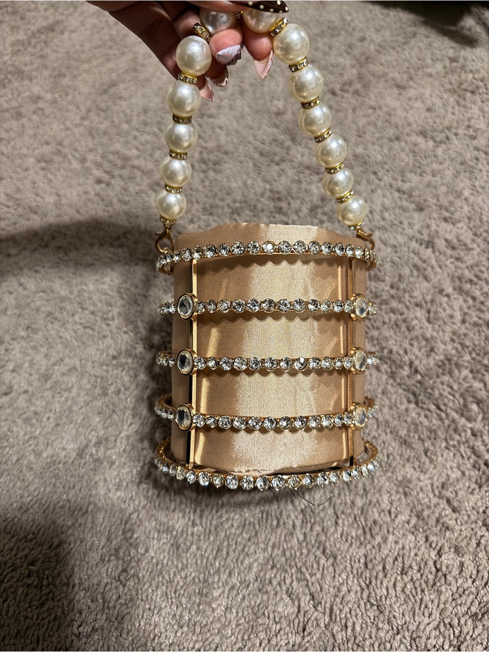 Rhinestone Pearl Cage Mini Bucket Bag Gold Evening Purse